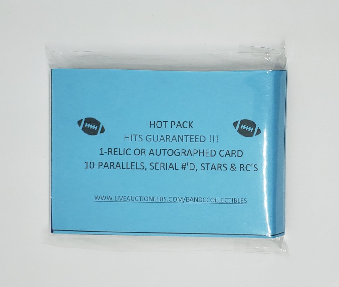 B&C COLLECTIBLES FOOTBALL HOT PACK: 1 auto or relic per pack. Find prizms refractors sps parallels inserts rookies and stats