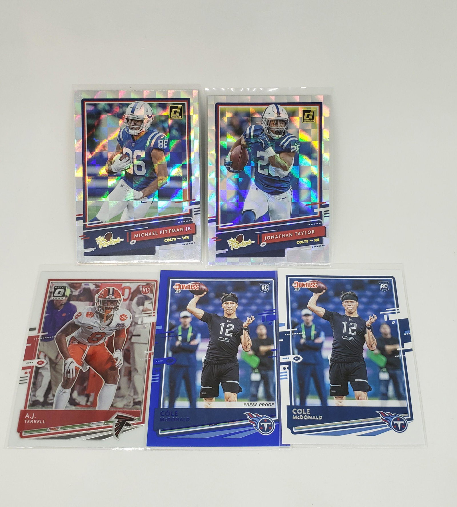 ROOKIE FOOTBALL CARDS: AJ TERRELL FLACOS, MICHAEL PITTMAN AND JONATHAN TAYLOR COLTS
