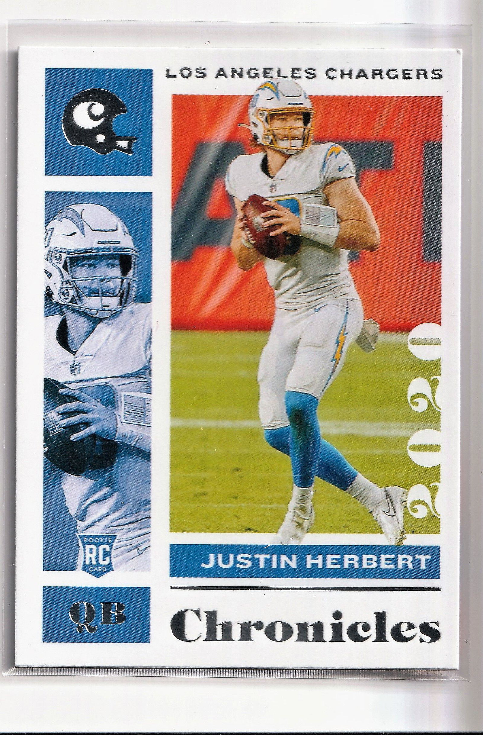 JUSTIN HERBERT NFL ROY ROOKIE CARD: 2020 PANINI CHRONICLES-JUSTIN HERBERT LOS ANGELES CHARGERS ROOKIE CARD