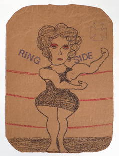 Lewis Smith Outsider Art: RING SIDE, WRITINGS: Lewis Smith drawing on Brown Paper Bag. 2 sided. On one there is a woman and the words, Ring Side. The other are writings, mostly names. Drawings in crayon, ballpoint ink, and markers on panels cut fr