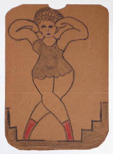 Lewis Smith Outsider Art: MUSCLE WOMAN: One side has a muscle woman while the other is the emblem of the store. Drawings in crayon, ballpoint ink, and markers on panels cut from brown paper bags. Each is approximately 12" by 17", some varyi