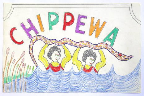 Lewis Smith Outsider Art: Chippewa: Chippewa. 2 Women in water holding a huge snake. Drawings in crayon, ballpoint ink, and markers on white paper . Each is approximately 11" by 17" in generally very good condition. If you need to know