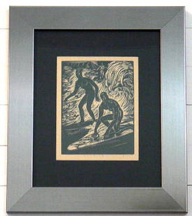 Surfing Art Deco original wood engraving print: Surfing: a wonderful, original Art Deco wood engraving print. While the original was done in the 1920's and 30's by John Farleigh, it is possible that this is a later copy by E. M. Washington. Even th