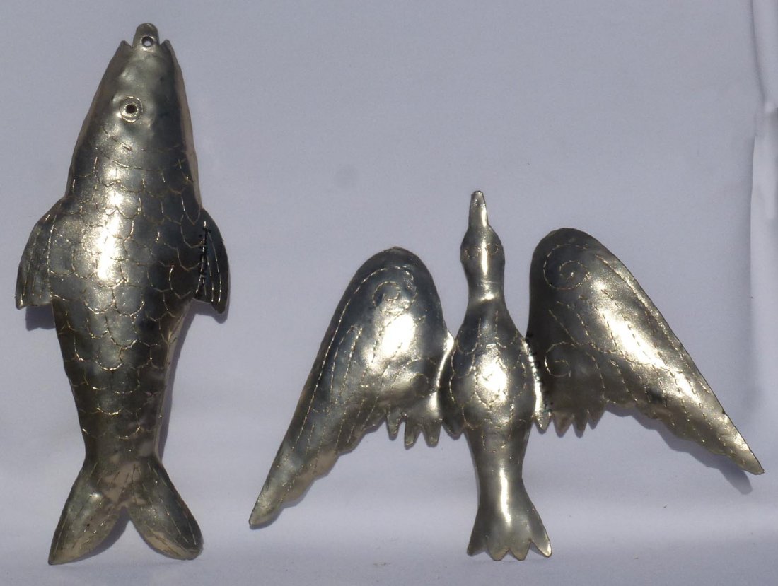 Handmade metal folk art cut out fish and bird (1 of 4)