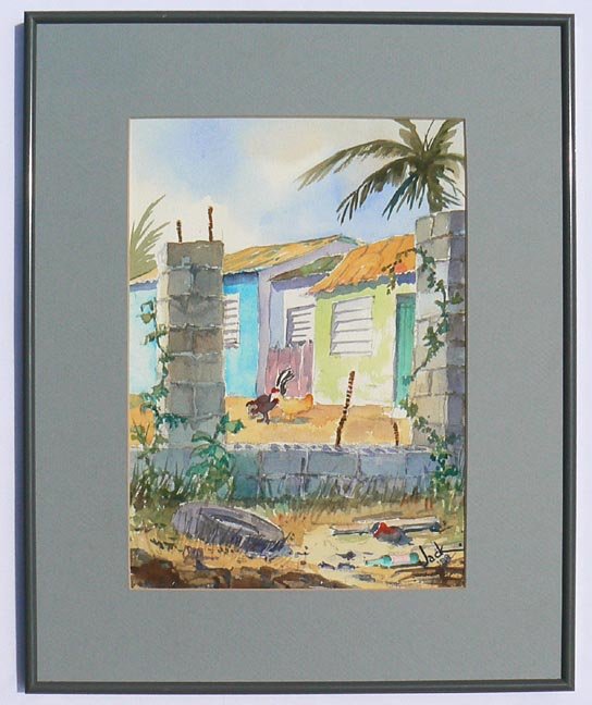 199 Caribbean folk art painting of local scene.: Here is a folk painting from either Haiti or the Dominican Republic. It is done in water color on artists board and is in a metal frame under glass and is signed "Jack '88". This is colorful, in excel