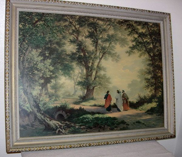 PRINT by ROBERT ZUND - JESUS PRINT: This is a Print of Jesus waliing through the woods with two disciples. The original drawing was drawn by Robert Zund. Robert Zünd, was a world renowned Artist. He was a Swiss painter trained under Ja
