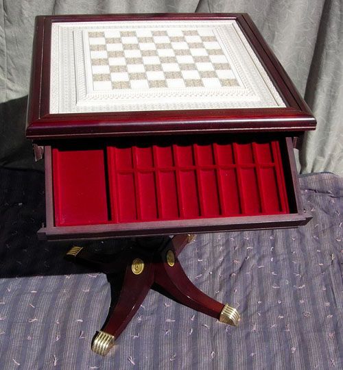 MAHOGANY CHESS/CHECKER DUNCAN PHYFE TABLE W/ DRAWE: This is a beautiful and quality MAHOGANY WOODEN CHESS/CHECKER DUNCAN PHYFE TABLE that has two side PULL-OUT DRAWERS. The reason for the Pull-Out Drawers, is so that you can store your quality Chess Pi
