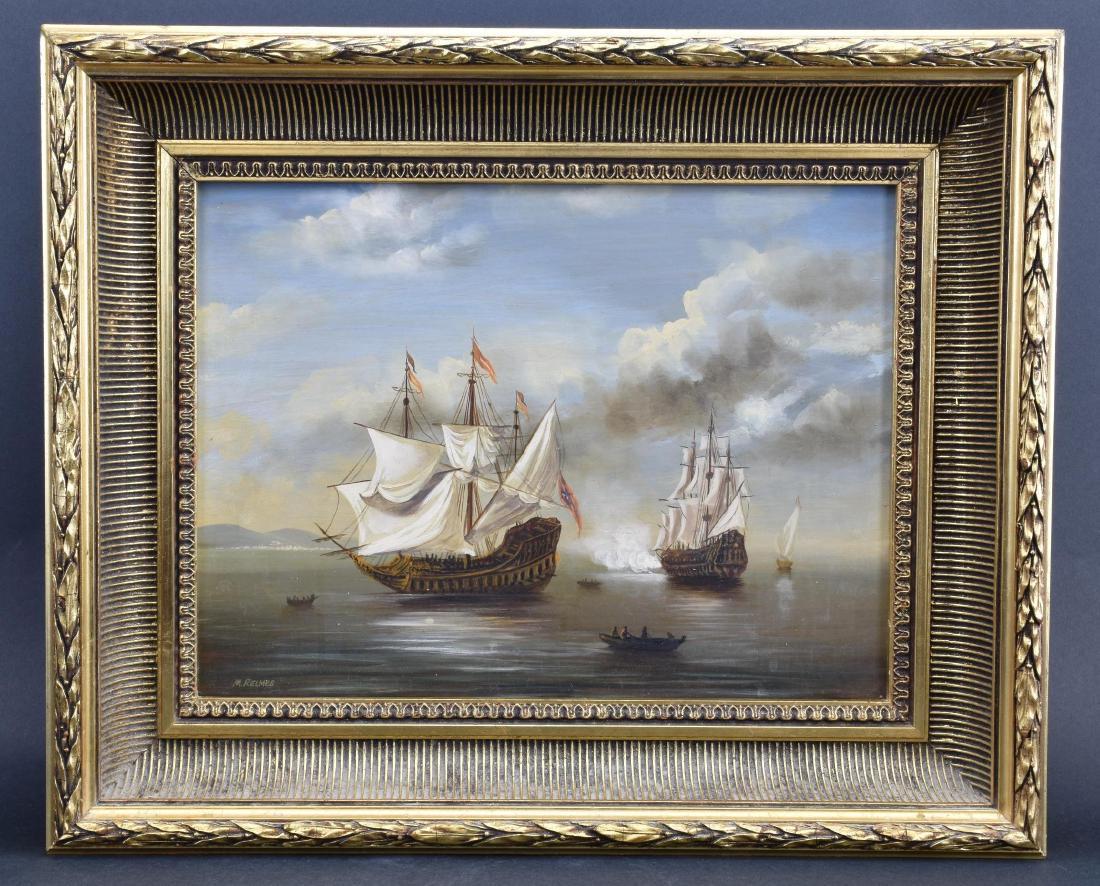 Naval Battle Scene, Oil on Panel, in Gilt Frame (1 of 4)