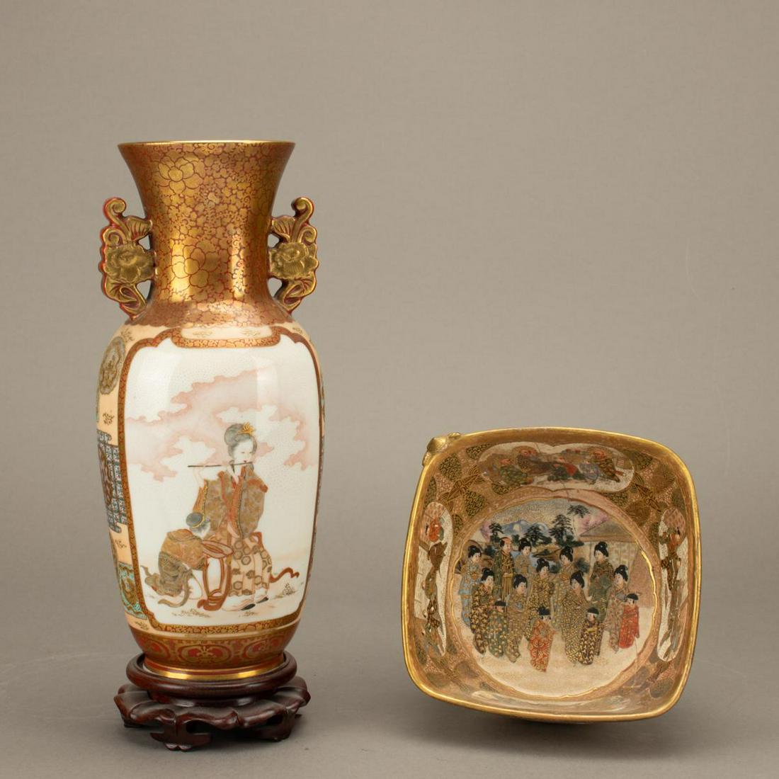 Japanese Gilt Satsuma Vase and Square Bowl: Japanese Gilt Satsuma Vase and Square Bowl. The bowl has been repaired. Vase size: 4 in. (10.16 cm.) Dia x 10.5 in. (26.67 cm.) H Bowl size: 5 in. (13 cm.) W x 5 in. (13 cm.) D x 2.75 in. (