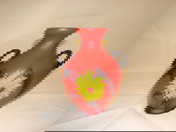 Continental art glass vase, red with satin finish: Continental art glass vase, red with satin finish and sunflower ornamentation, applied double handles, 81/4"