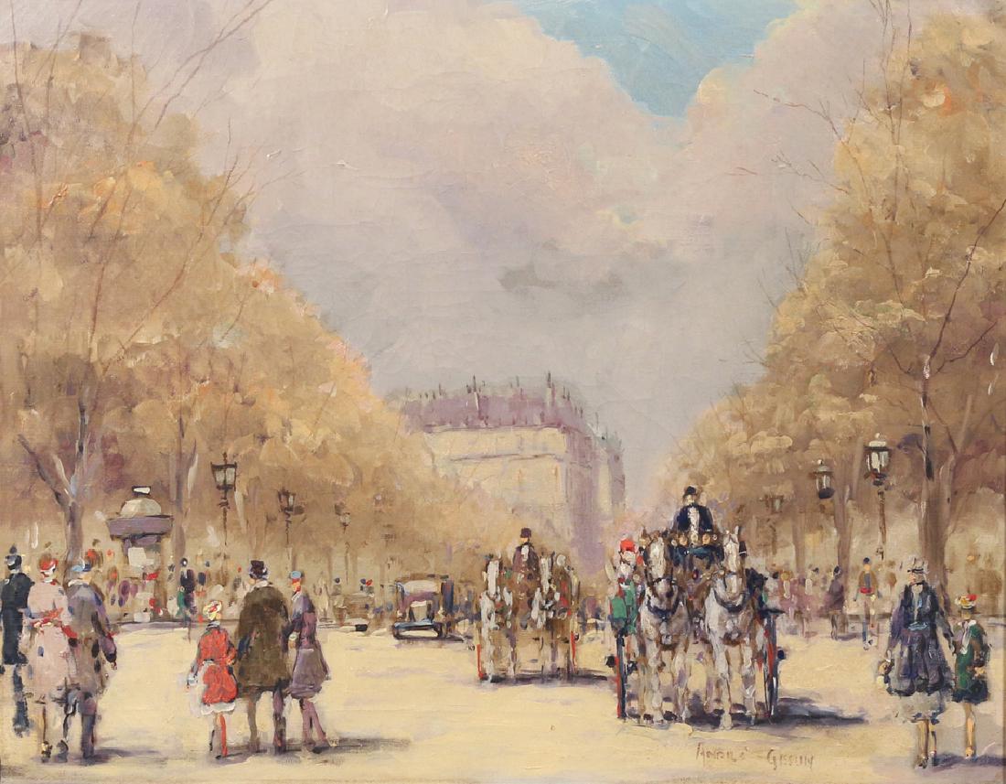 ANDRE GISSON (American, 1921-2003): Parisian boulevard scene signed lower right, framed oil on canvas h. 14 w. 18 in. Provenance: The Estate of John S. Kerbs, Greenwich, CT Condition: [frame with damage along top]