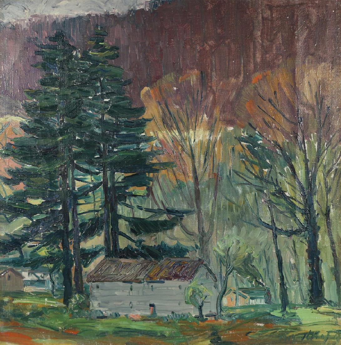 JULIUS LARS HOFTRUP (American, 1874-1954): Mrs. Hutchenâ€™s House, 1919 signed and dated lower right; Exhibited: Arnot Art Museum, Hoftrup-Wargny Exhibition, 1978, Elmira, N.Y. oil on canvas mounted on board h. 17-1/2 w. 17-1/2 in. Proven