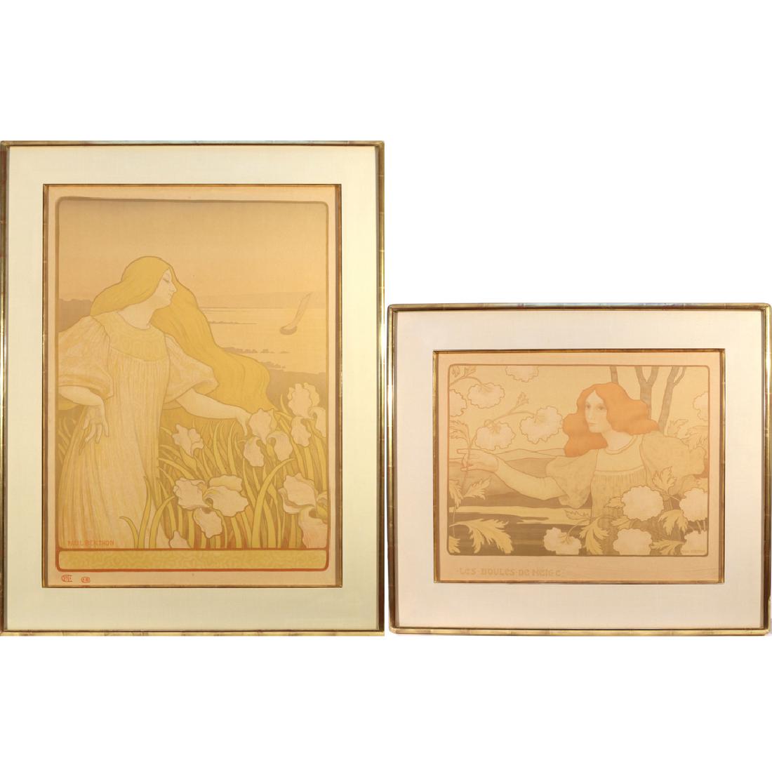 (2pc) PAUL BERTHON (French, 1872-1909): Two lithographic posters including Les Boules De Neige, 28 x 22-1/2 in. (sight), and a scene with a female figure by the coast, 33 x 24-1/2 in. (sight), both well-framed overall dimensions: 42 x 32-1/