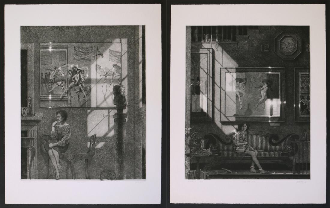 (2pc) PETER MILTON (American, 1930-): American Interiors II & III, 1986 two etchings, including 'American Interiors II: Stolen Moments', ed. 2/175; and 'American Interiors III: Time with Celia', ed. 2/175, both signed, titled, numbered, a