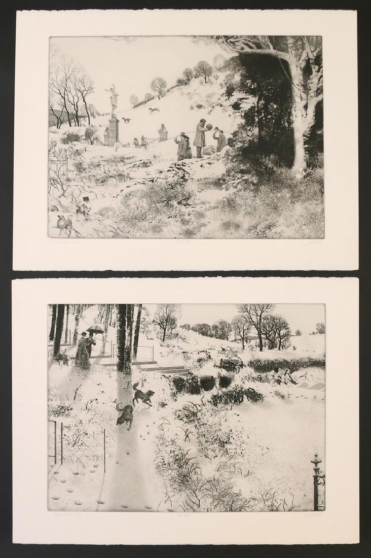 (2pc) PETER MILTON (American, 1930-),: Country Pieces I & II, 1979 two etchings, including 'Country Pieces I: The Couple', ed. 68/170, and 'Country Pieces II: In The Park', ed. 67/170, both signed, titled, dated, and numbered lower margin,