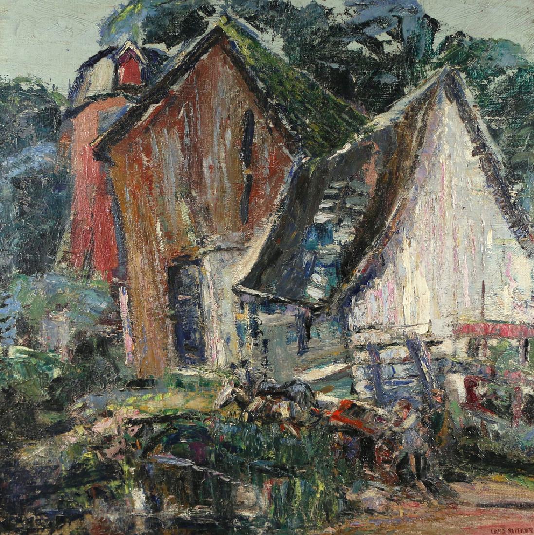 JULIUS LARS HOFTRUP (American, 1874-1954): Farm buildings signed lower right oil h. 19-1/2 w. 19-1/2 in. (sight) Provenance: The estate of Marie Doyle, Elmira, NY