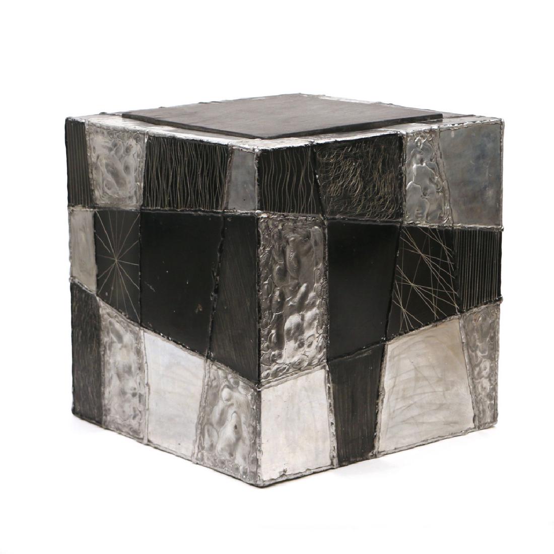 PAUL EVANS 'ARGENTE' CUBE SIDE TABLE: welded, dye-painted, and scored aluminum with inset slate top, no apparent markings h. 16 w. 15-3/4 d. 15-3/4 in. Provenance: Private collection, Florida Condition: a corner of the slate top with chip