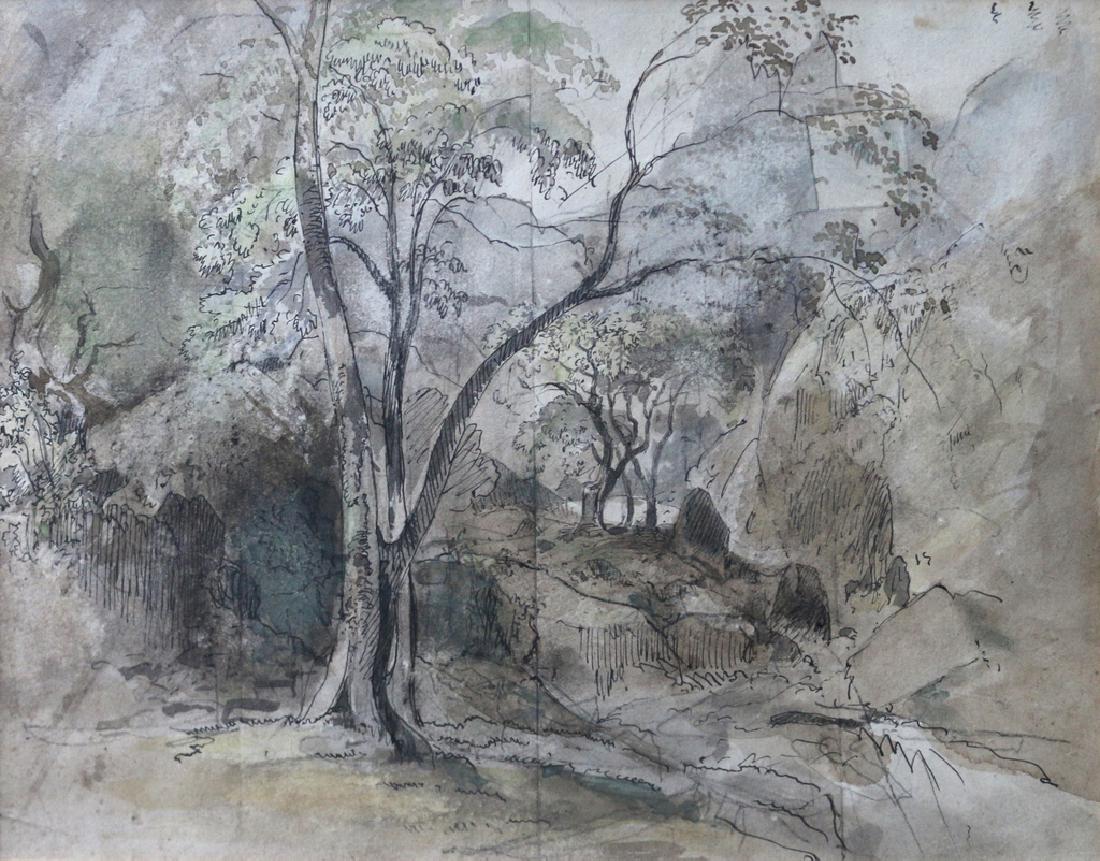 FRIEDRICH SALATHE (French, 1793-1858): Forest landscape, watercolor and pen on paper, 9 x 7 in. Provenance: Estate of the late Henriette Suhr, wife of William Suhr, artist and Frick Collection restorer Condition: [restored area at upper ri