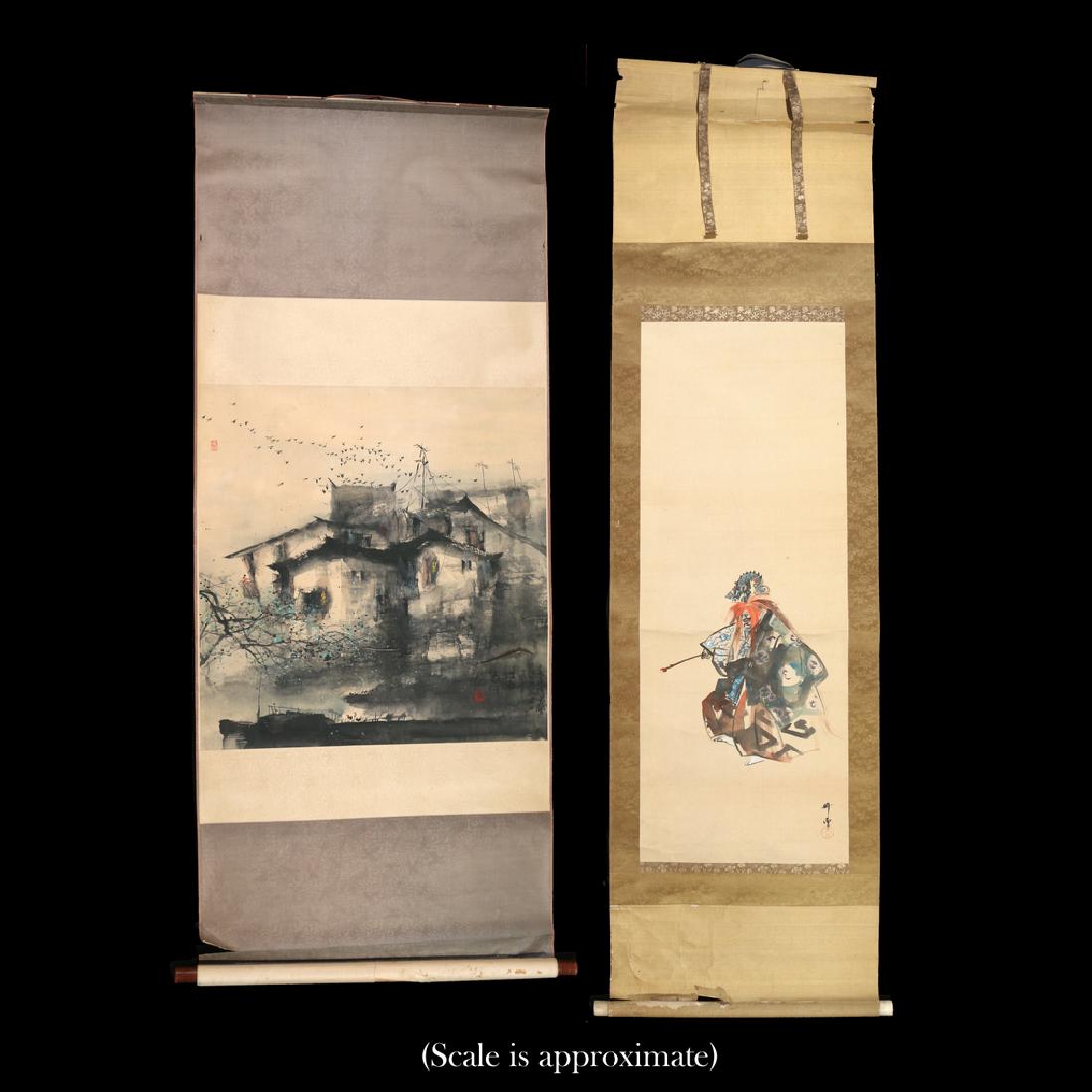 (2pc) ANTIQUE CHINESE SCROLL PAINTINGS: early 20th Century or earlier, including a scene titled 'Jiang nan chun zao' ('Southern Yangtze River on an early spring morning'), signed 'Zhou' and with artist's seal reading 'Zhou Liming', 26-1/2 x