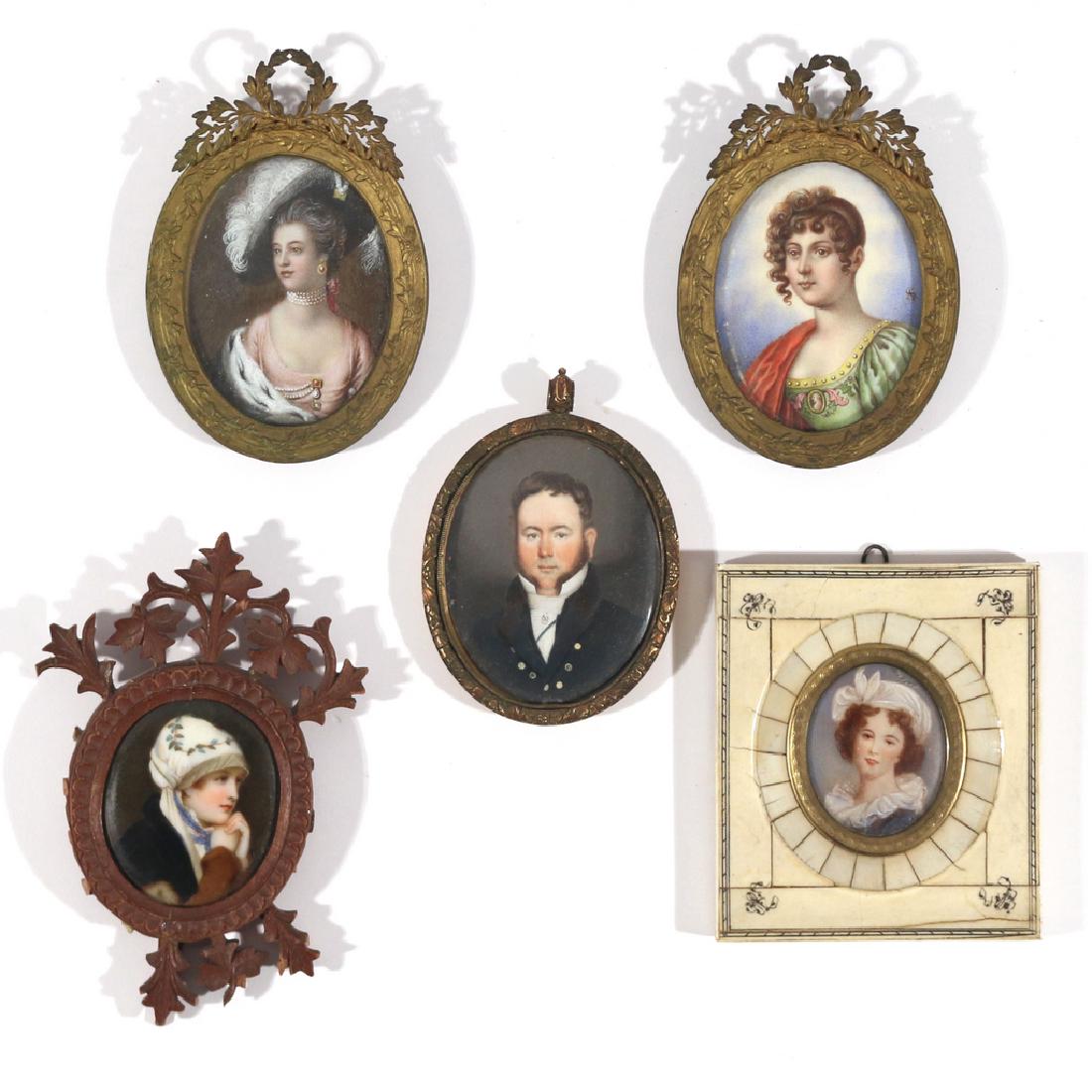 (5pc) MISC. PORTRAIT MINIATURES: including an early-mid 19th Century portrait of a gentleman with chops, 2-3/4 x 2-1/4 in.; and four misc. Victorian/Edwardian portraits of women including a pair with matching ormolu frames, one in a 
