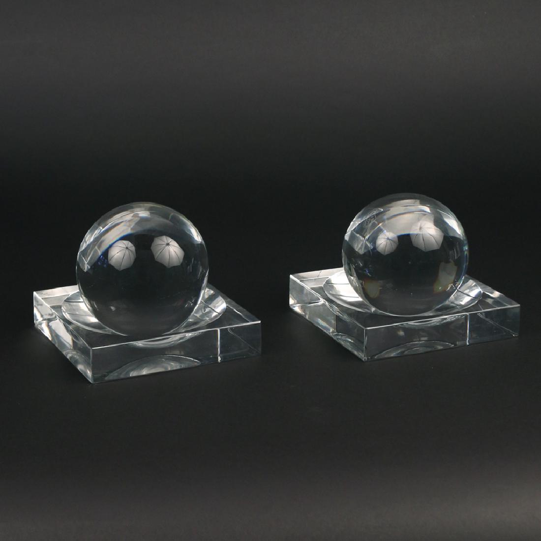 (4pc) PAIR BACCARAT CRYSTAL BALLS: with square recessed stands, all pieces marked h. 4-1/4 w. 5-1/2 d. 5-1/2 in. Provenance: The Historic Gerard Crane House, AKA the Stone House, Somers, NY Condition: light scuffs on bottom of bases, o