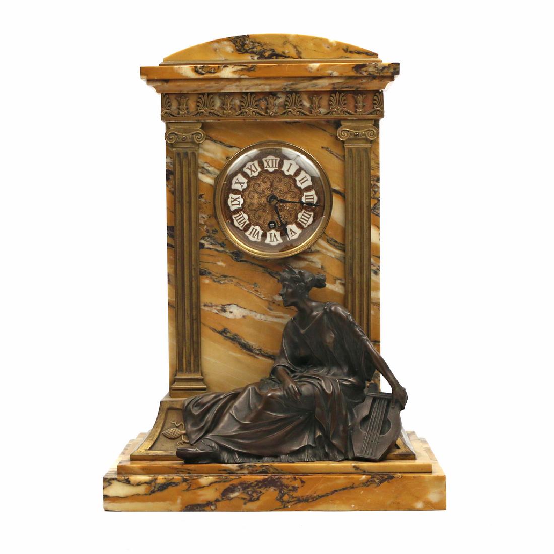 LENZKIRCH MARBLE & BRONZE MANTLE CLOCK: of classical shape, marble with a seated cast bronze classical muse h. 16 w. 11-1/4 d. 7-3/4 in. Provenance: Collection of acknowledged horologist the late Al Mans, formerly Nelsonville, N.Y.