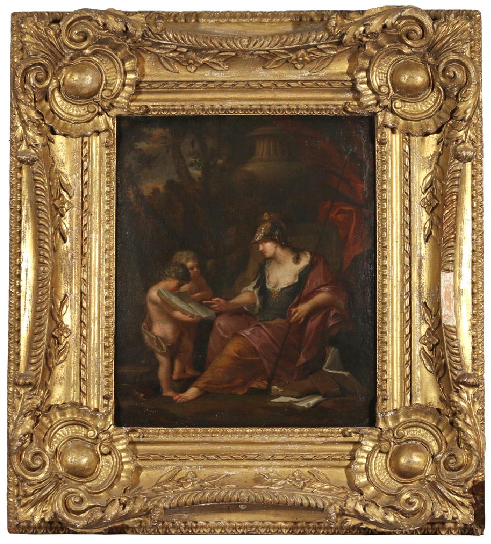CONTINENTAL SCHOOL, 18th Century: Minerva reading with two cherubs in a fine 19th C. gilt frame oil on canvas h. 14 w. 12 in. Condition: old relining