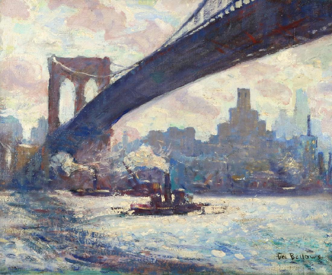 AMERICAN SCHOOL NYC LANDSCAPE: The Brooklyn Bridge c. 1930s, signed (after) Geo. Bellows lower right oil on canvas h. 17-1/2 w. 21-1/2 in. overall dimensions: 23 x 26-1/2 x 3 in. Condition: relined