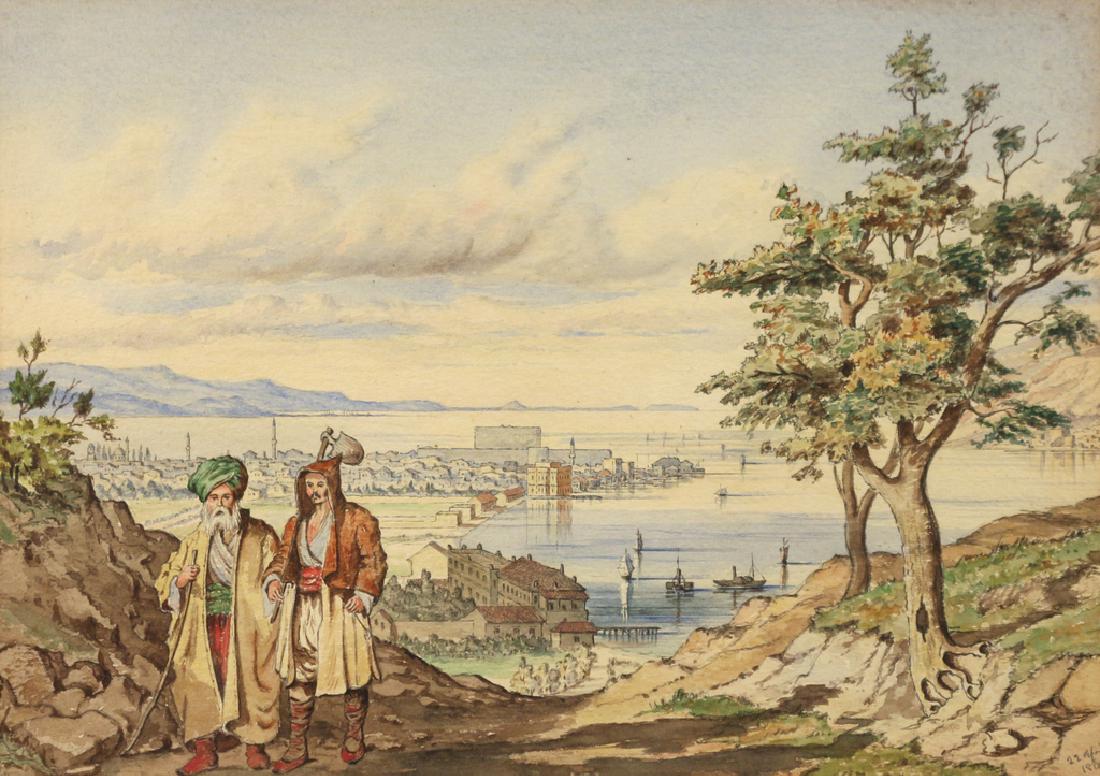 CONTINENTAL SCHOOL LANDSCAPE: depicting two figures by a coastal town, possibly Vesuvius (?), dated in pencil '22 April 1869', framed watercolor on paper h. 9-1/4 w. 13-1/4 in. (sight) overall dimensions: 15 x 19 in.