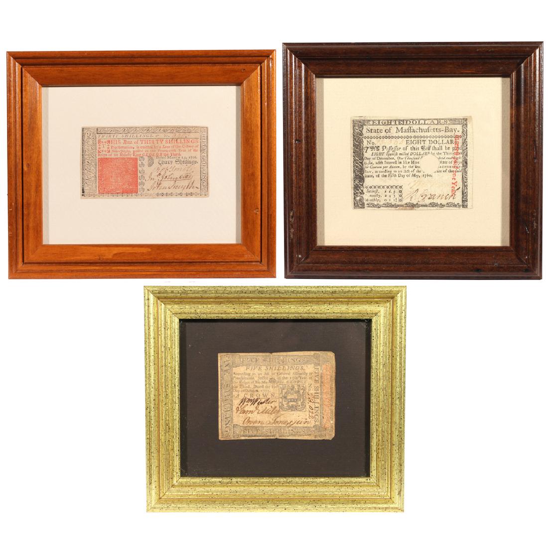(3pc) COLONIAL CURRENCY: including a 1773 Pennsylvania Five Shilling note signed by William Wister, Sam Miles, and Owen Jones; a 1776 New Jersey Thirty Shillings note signed by Rob Smith, Ian Johnston, and John Smyth; and a 1