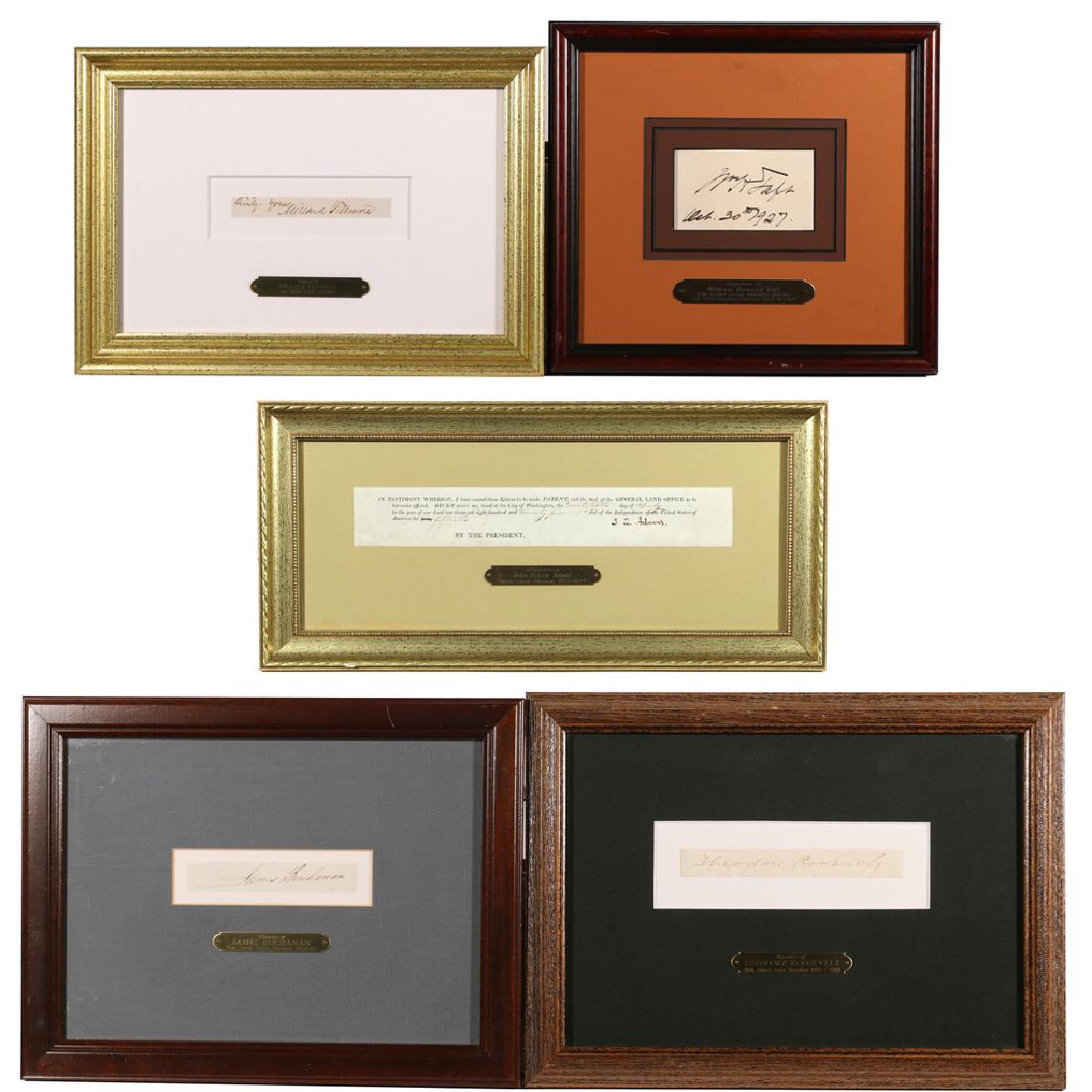 (5pc) AMERICAN PRESIDENTIAL SIGNATURES: including a Theodore Roosevelt clipped signature; a James Buchanan clipped signature; a John Quincy Adams clipped land document with signature; a Millard Fillmore clipped signature; and a William Howa