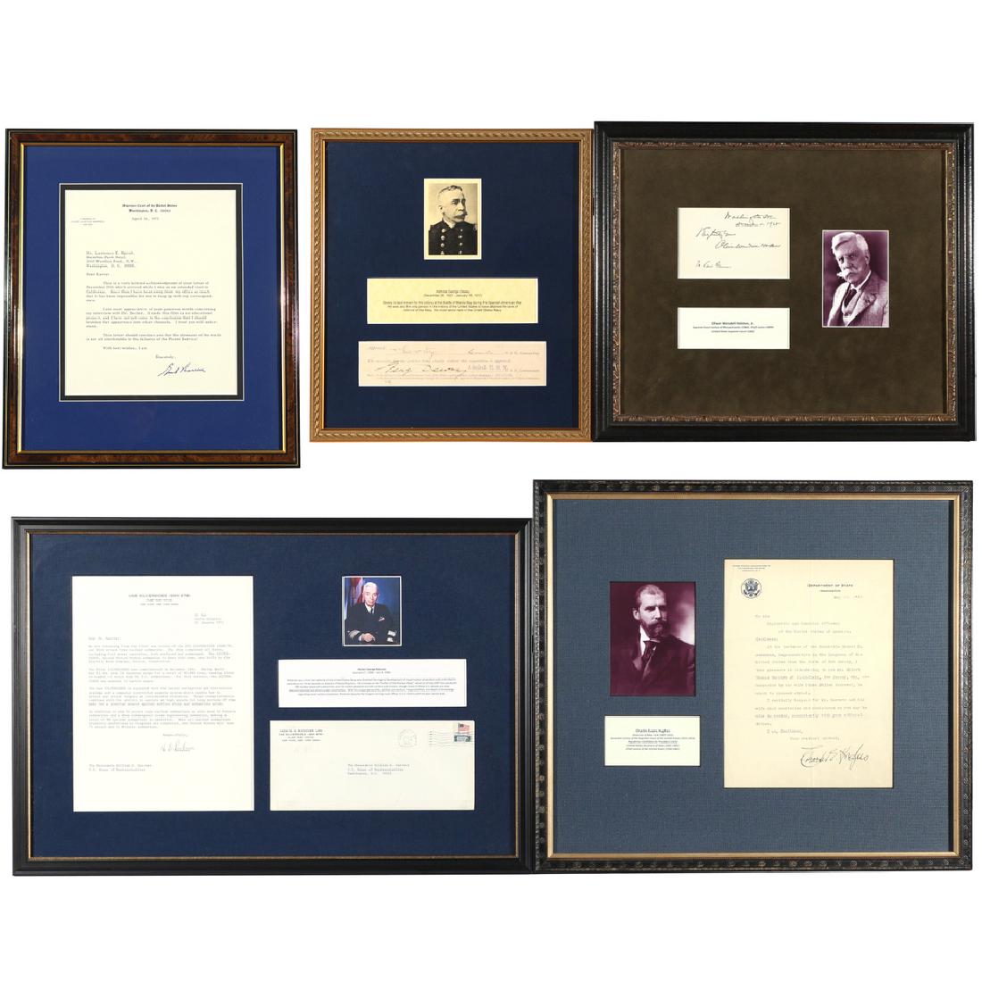 (5pc) U.S. SUPREME COURT & NAVAL AUTOGRAPHS: including a type-written letter from Chief Justice Earl Warren (1891-1974) to Lawrence E. Spivak (co-founder of Meet the Press), apparently declining a request to publish Warrenâ€™s interview wit