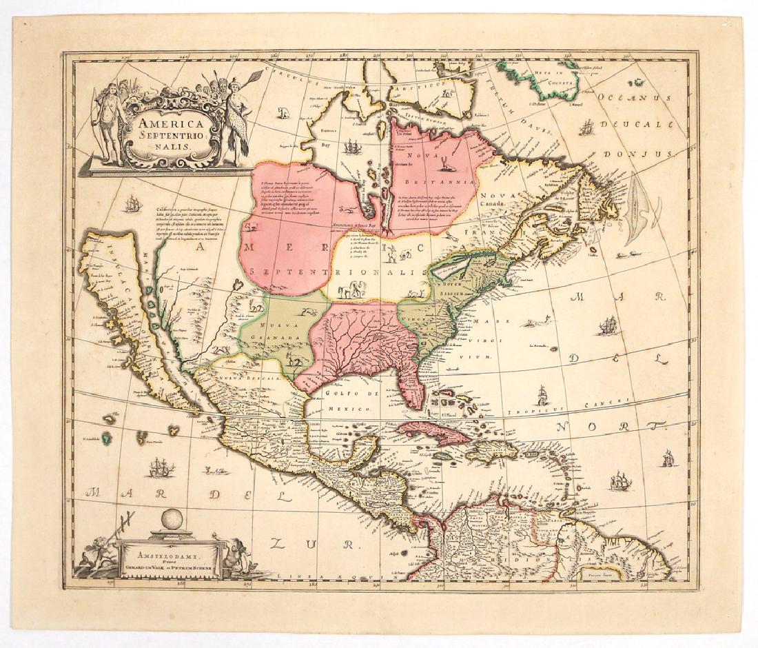 [MAP OF AMERICA] AMERICA SEPTENTRIONALIS: by Henricus Hondius (1597-1651), Amsterdam, Valk and Schenck, c. 1694, copper-engraved map with period hand-coloring. First issued in 1636, this map appeared in various editions of the Hondius/Jansson