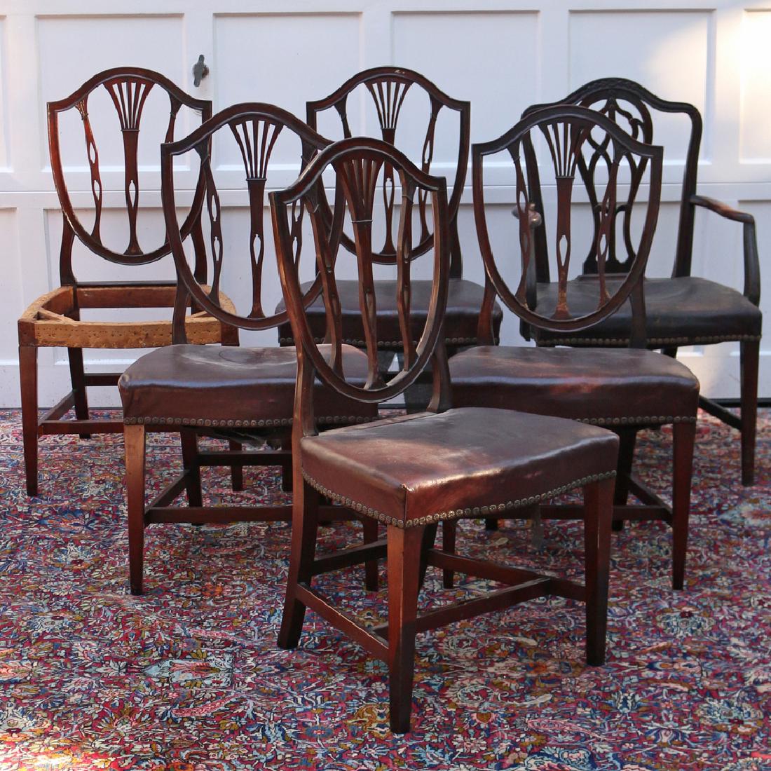 (6pc) HEPPLEWHITE-STYLE DINING CHAIRS: late 19th Century, comprising 5 sidechairs and 1 similar armchair h. 38-1/2 w. 21 d. 19 in. Provenance: Estate of the late Elizabeth Luther, N.Y.C. proceeds to be donated to Old Sturbridge Village Mus
