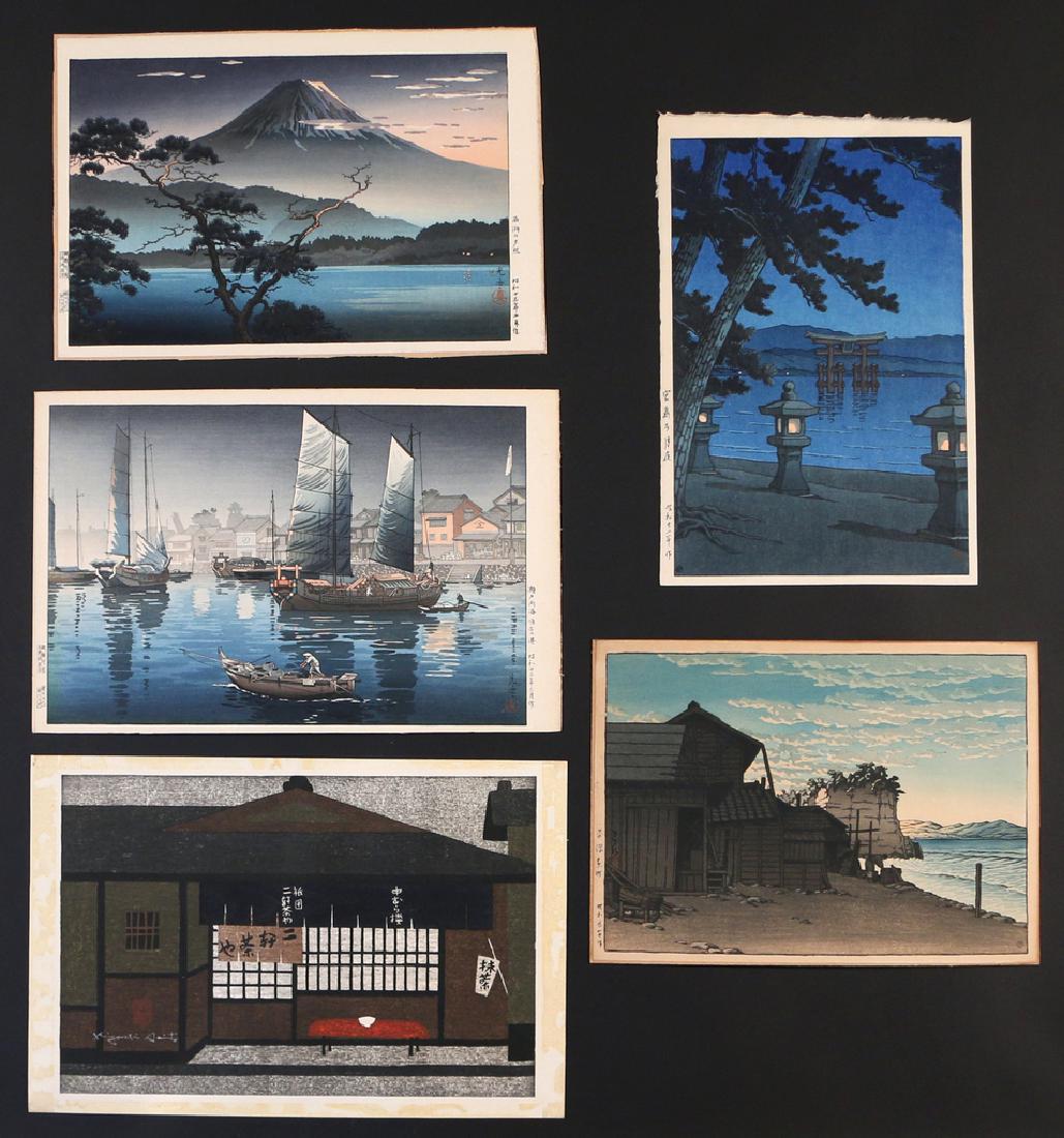 (5pc) MISC. JAPANESE WOODBLOCK PRINTS: including two by Kawase Hasui: Moonlight at Miyajima, 1945, and Higashi Machi, Hiragata, 1945, both with 6mm Watanabe seals; two by Tsuchiya Koitsu: Akashi Harbor, Inland Sea at Seto, 1938, and Fuji f