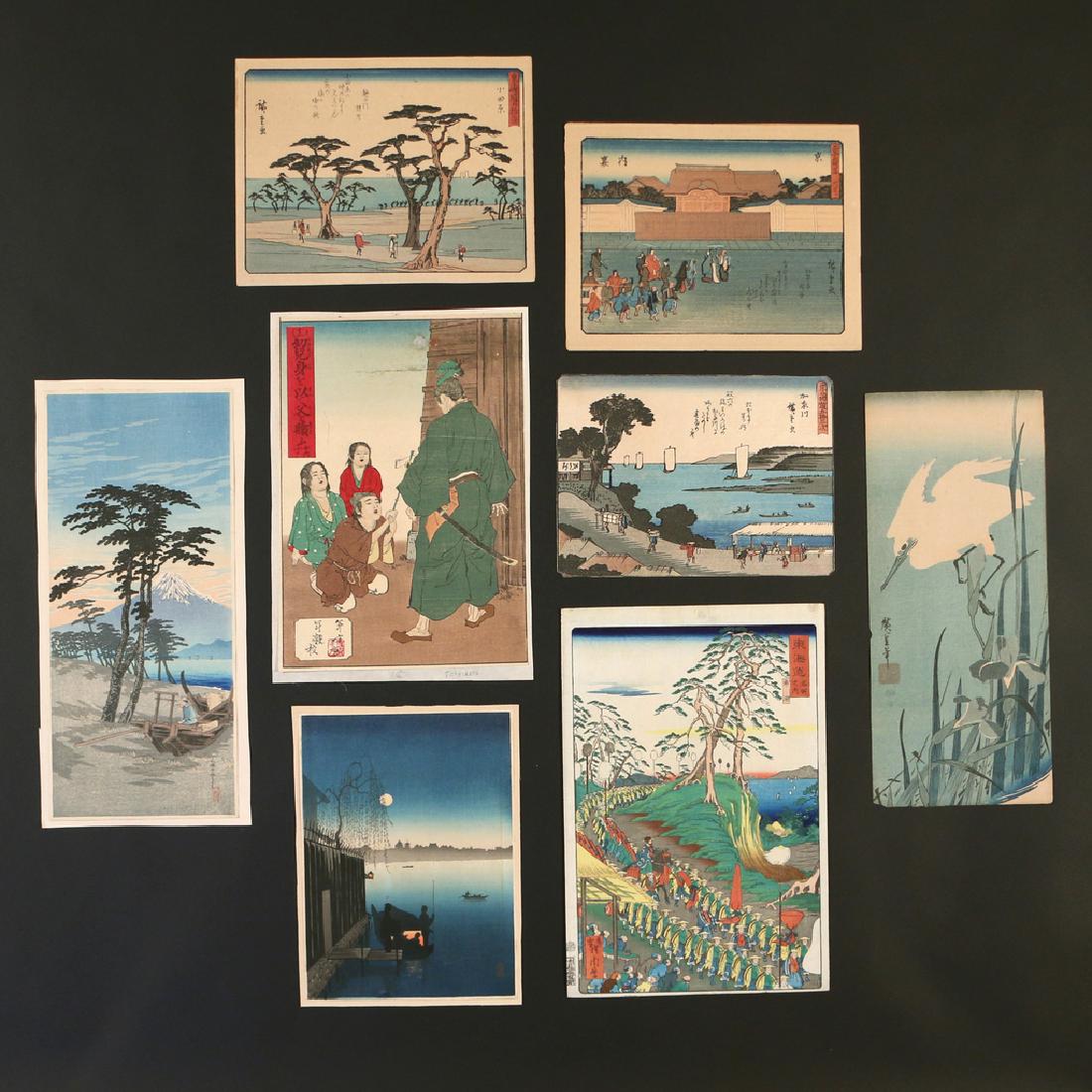 (8pc) MISC. JAPANESE PRINTS: comprising: Nanko, from Scenes of Famous Places along the TÃ´kaidÃ´ Road by Kawanabe Kyosai (1831-1889), with censor seal from 1860s; Mt. Fuji from Miho by Takahashi Shotei (Hiroaki); a scene with