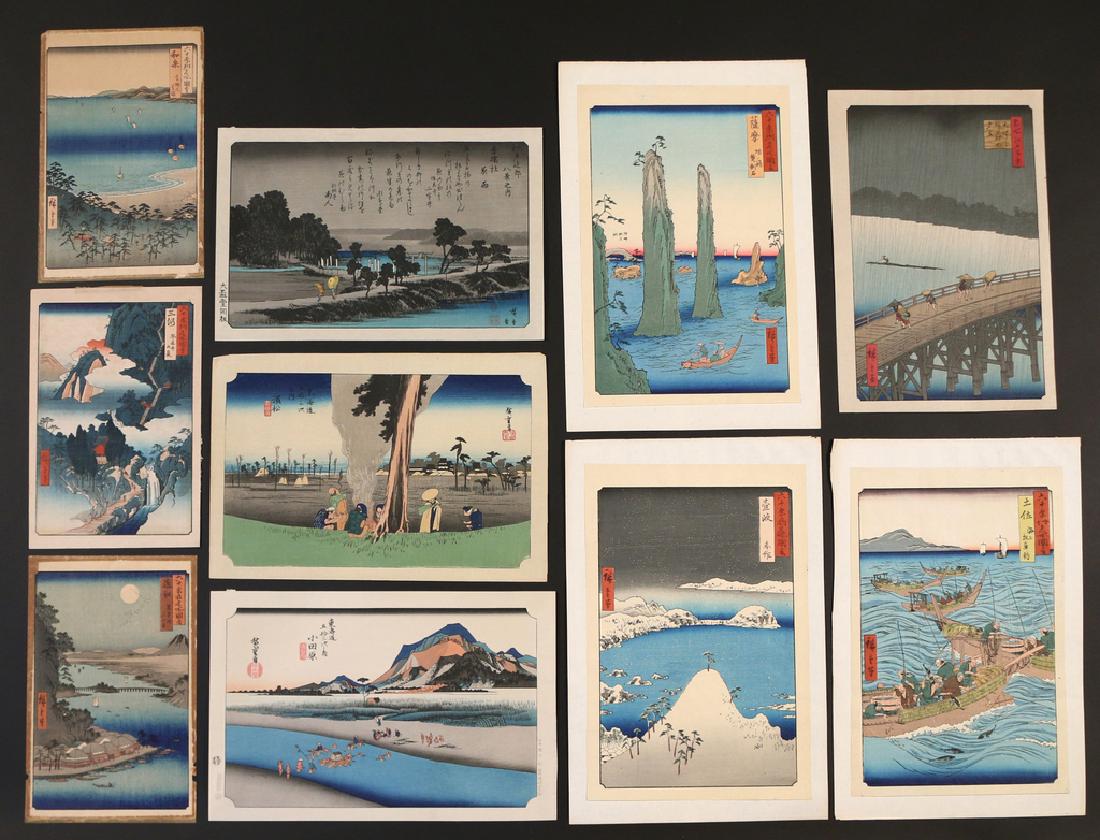(10pc) PRINTS [AFTER] UTAGAWA HIROSHIGE: late 19th/early 20th Century Japanese printings from recarved woodblocks after Hiroshige, including: Night Rain at Azuma Grove, from Eight Views of the Environs of Edo; Sudden Shower over Shin-Ã”ha