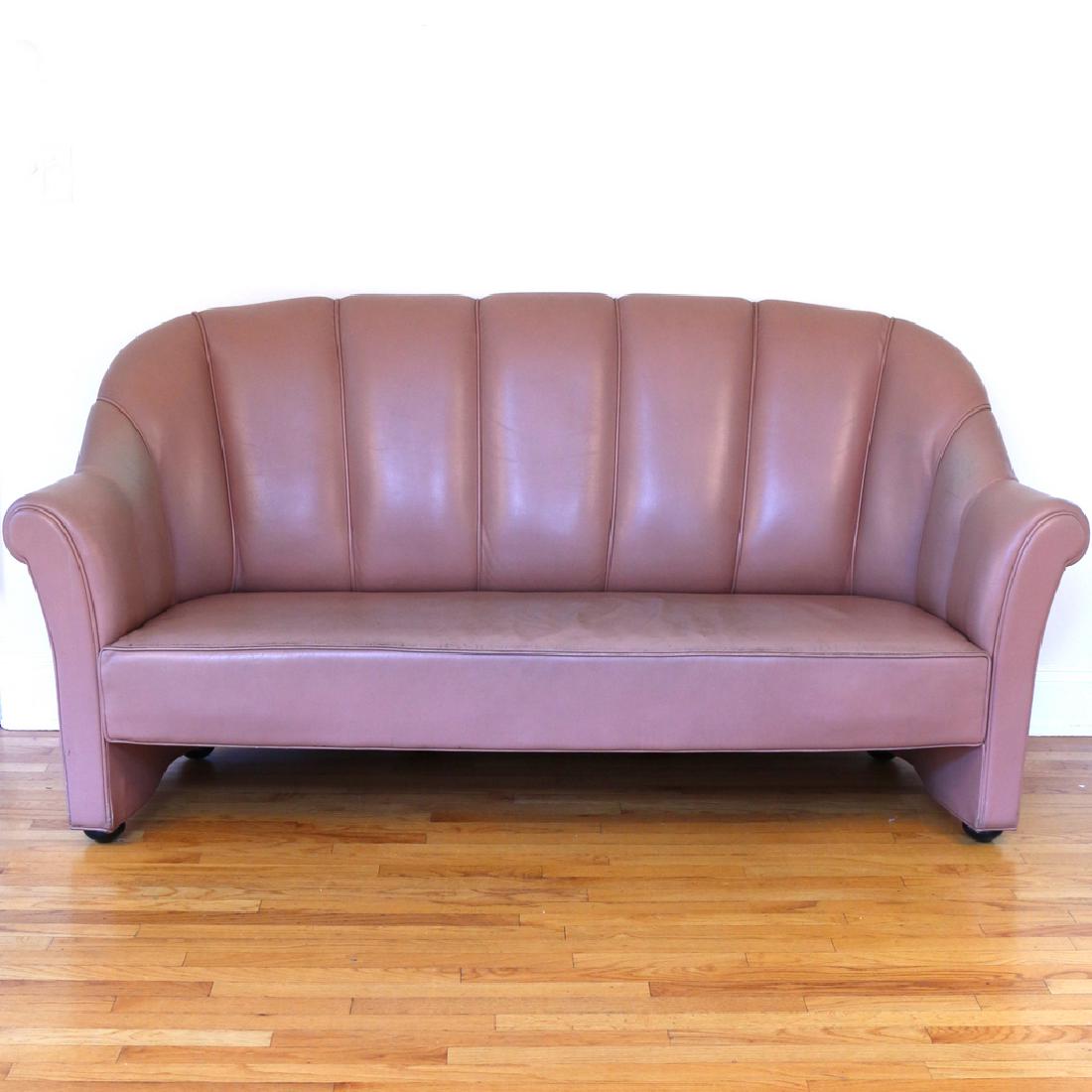 JOSEF HOFFMANN FOR WITTMANN SETTEE: pale-red color, with brass tag underneath, 37 x 76 x 24 in. Provenance: The Estate of the late Milton Gelfand, Pound Ridge, N.Y. Condition: [scuffs and wear on seat]