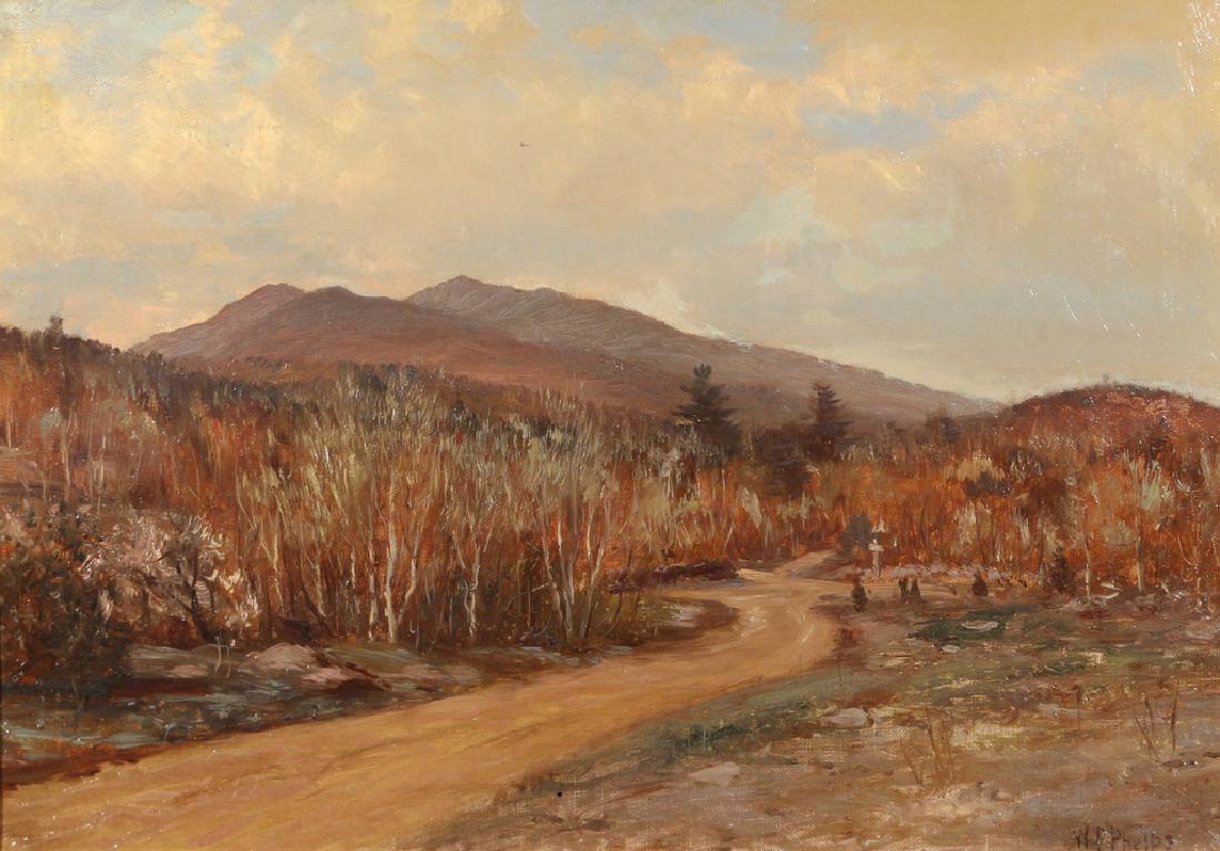 WILLIAM PRESTON PHELPS (American, 1848-1923): Autumn roadside landscape signed lower right oil on canvas h. 14 w. 20 in. Condition: UV reveals areas of in-painting in sky