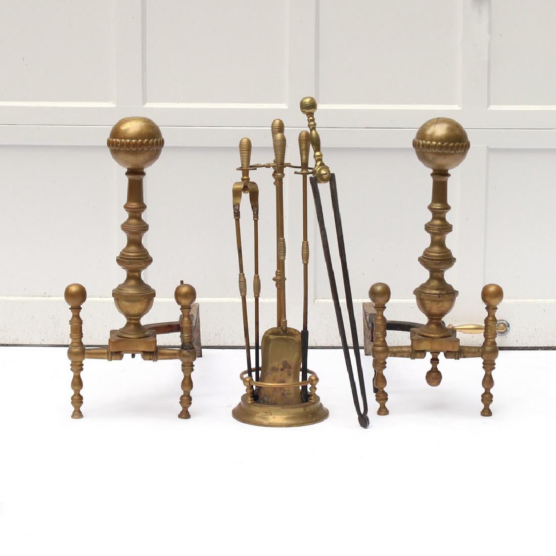 (7pc) FIREPLACE EQUIPMENT: including a pair of ball-end andirons, a stand with matching shovel, poker, and tongs, and a separate pair of tongs h. 28 w. 12 d. 27 in. (andirons)