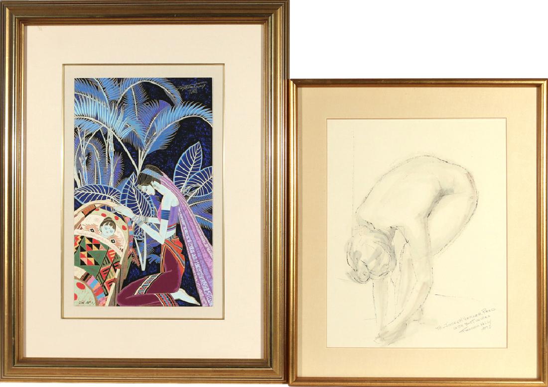 (2pc) FRAMED ARTWORK: including a colored print with a woman kneeling over a child, signed illegibly upper right, numbered 'DX AP 1/15' lower left, 13-1/2 x 8-1/4 in.; and a mixed media drawing of a dancer tying her shoe,