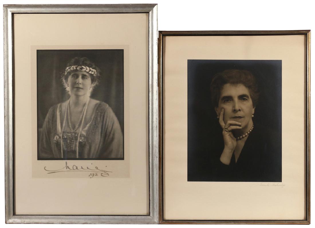 (2pc) MARIE OF ROMANIA SIGNED PORTRAIT: printed from a photograph by Bertram Park (English, 1883-1972), signed Marie" and dated 1926, 14-1/4 x 10-1/2 in. (plate); plus another photo portrait of Lisa des Reuaudes, vice president, American Ne