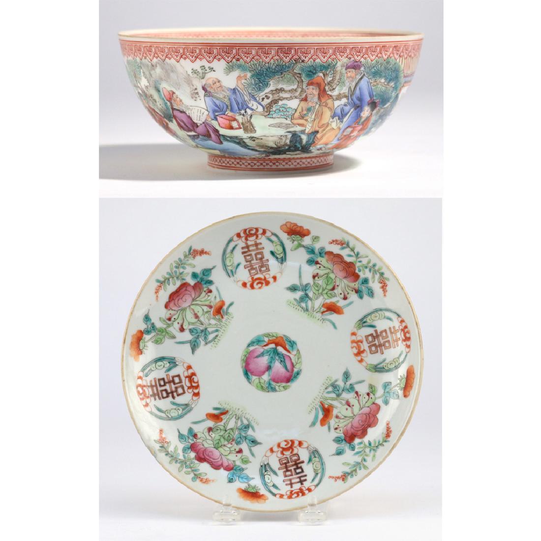(2pc) CHINESE EGGSHELL PORCELAIN BOWL: AND PEACH DISH; the bowl: Republic period, decorated in famille rose enamels with a scene of sages in converse at a table and a sage unrolling a calligraphy scroll with a boy on the other side, the in