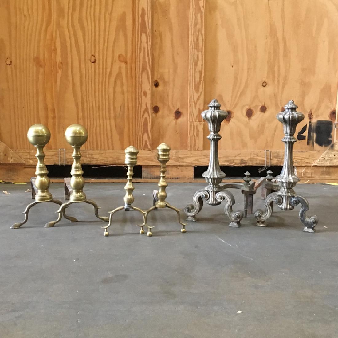 (6pc) THREE PAIRS ANDIRONS: The largest pair silvered with bulbous fluted finial and conforming post on c-scroll legs and pad feet, h. 21 plus two smaller brass pairs, both early 19th c. Provenance: Estate of the late Elizabeth 