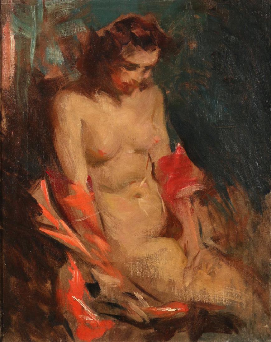 HOWARD CHANDLER CHRISTY (American, 1872-1952): Seated nude oil on canvas h. 20 w. 16 overall: 27-3/4 x 23-3/4 in. no apparent signature, with letter of authenticity from the artistâ€™s second wife and model (Nancy Palmer Christy) Condition: M