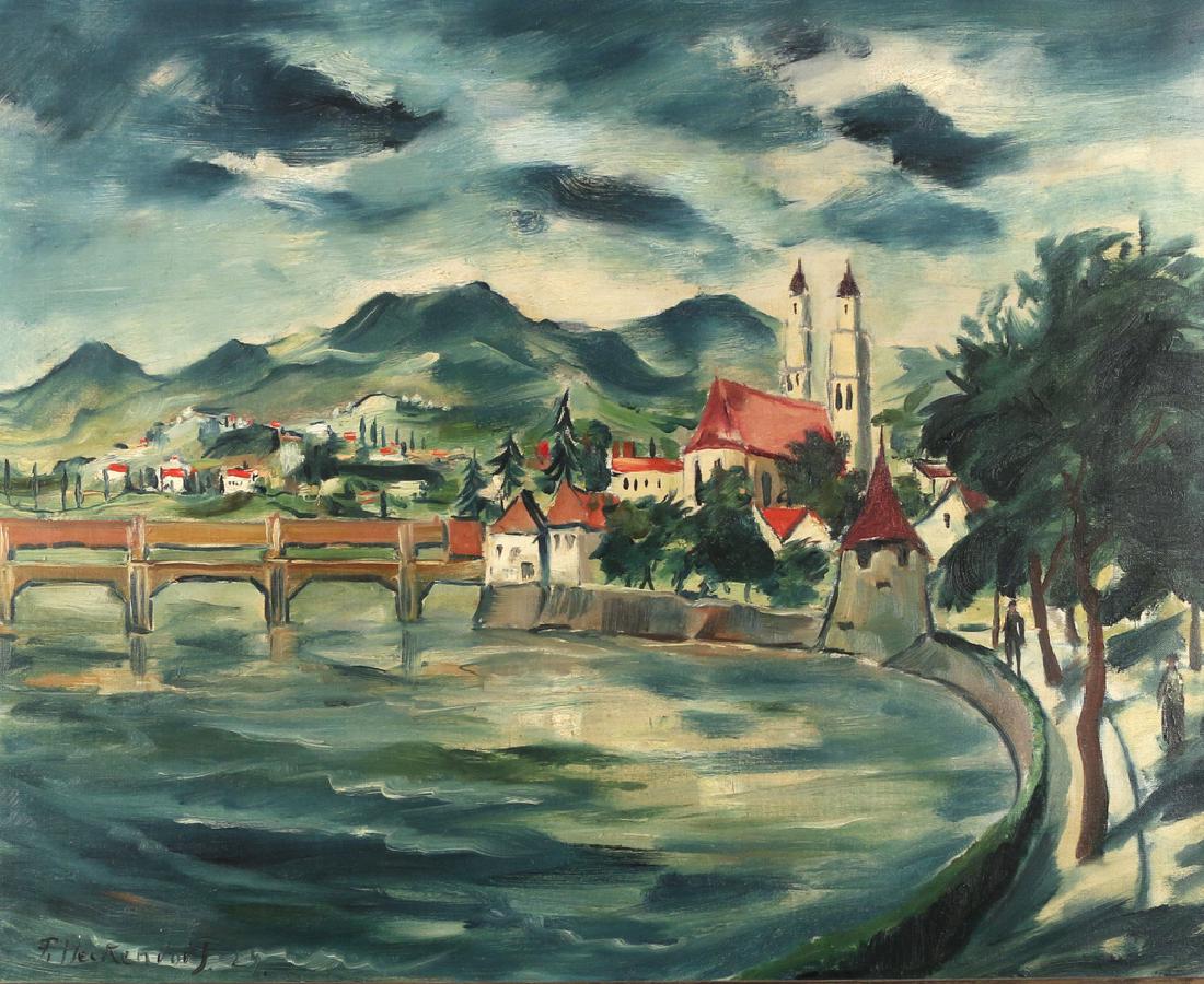 FRANZ HECKENDORF (German, 1888-1962): Coastal village, 1924 oil on canvas h. 31-1/2 w. 39-1/2 in. overall: 39-1/2 x 47-1/2 in. signed and dated lower left, framed Provenance: From the estate of a prominent Greenwich, CT doctor
