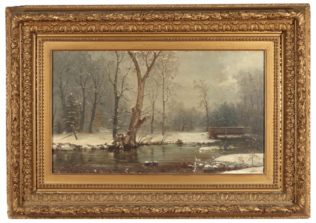 NELSON A. MOORE (American, 1824-1902): River in winter, 1887 oil on canvas h. 14 w. 24 in. overall: 24 x 34 x 4 in. signed and dated lower right, with second date '87' upper left of signature, in a period gilt composition frame Provenance: