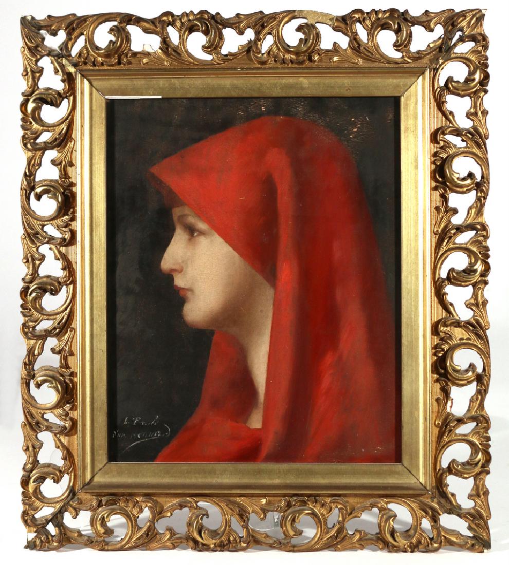 PORTRAIT OF ST. FABIOLA, 19th Century: after Jean Jacques Henner oil on panel h. 10-1/2 in. w. 8-1/4 in. overall: 14-3/4 x 12-3/4 in. signed lower left, framed Condition: flaking areas upper margin; frame with a few missing pieces