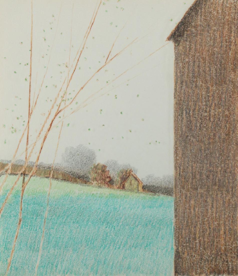 ROBERT KIPNISS (American, 1931-): Landscape with houses signed lower right, framed pastel on paper h. 11 w. 9-1/2 in.