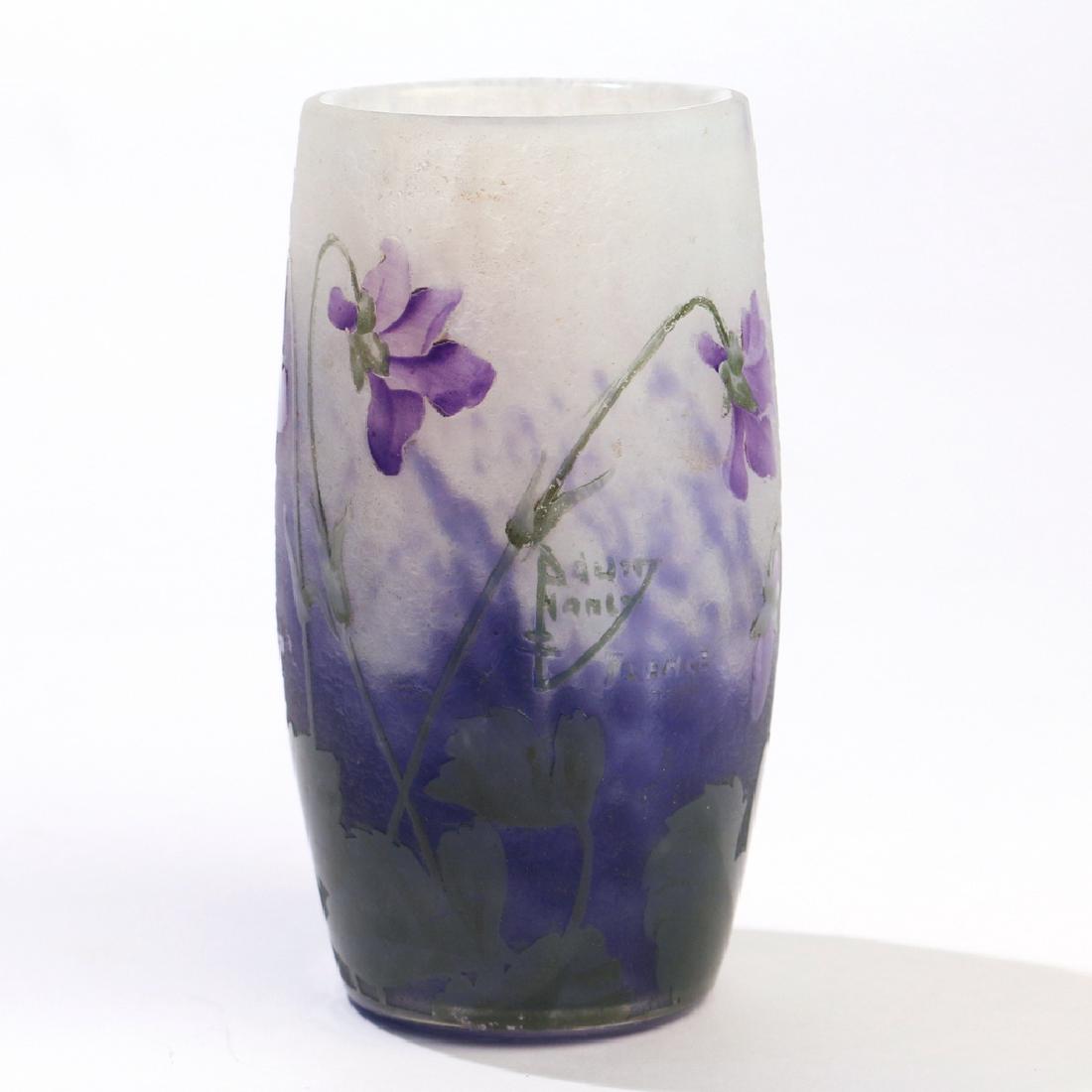 DAUM NANCY CAMEO GLASS VASE: 'Violets' pattern having white and lavender ground with violet decoration, signed with Cross of Lorraine mark h. 4-3/8 in. Condition: no condition issues noted